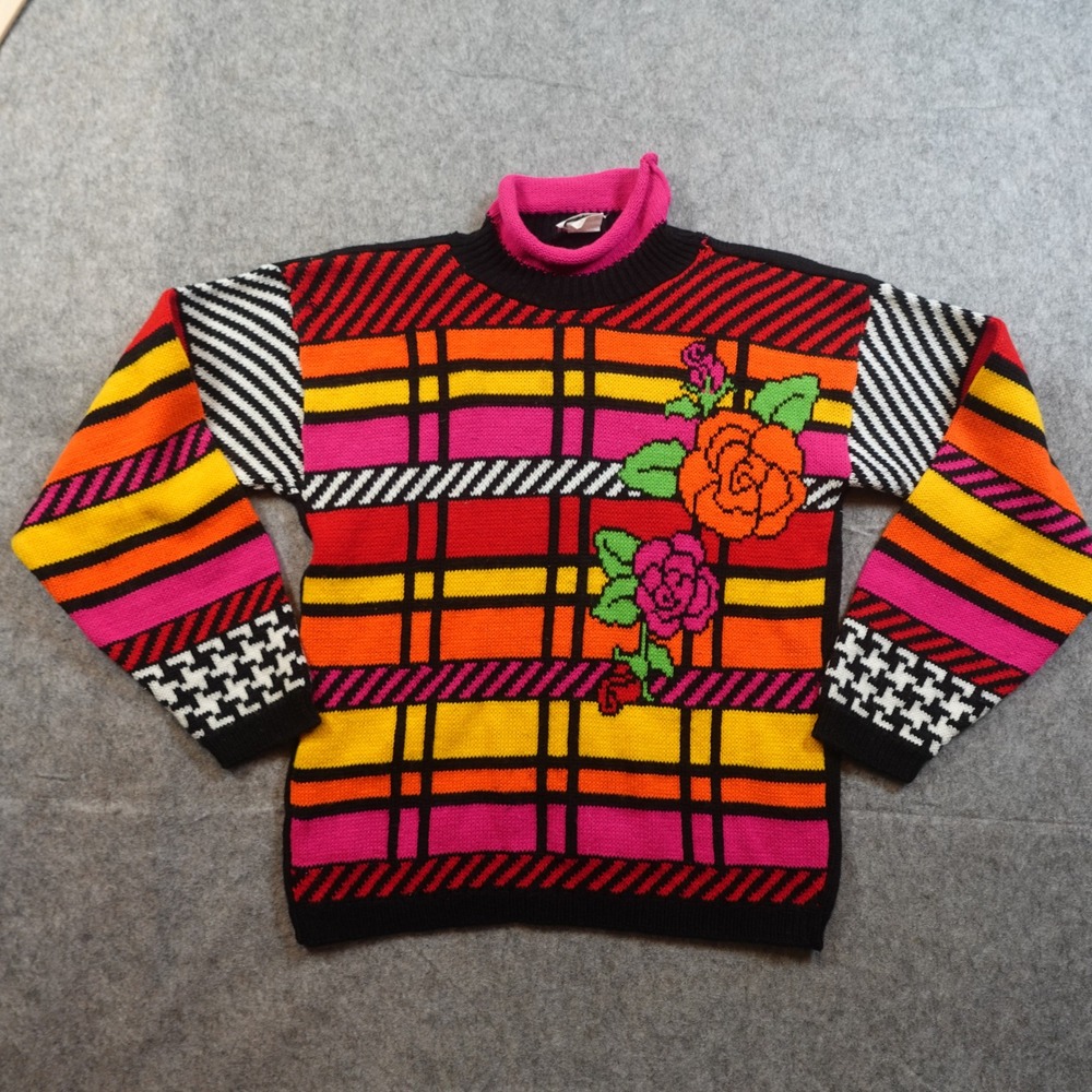 Vintage Jet Set Sweater Kids‎ Girls Large Mock Neck Floral Colorful Pink Orange